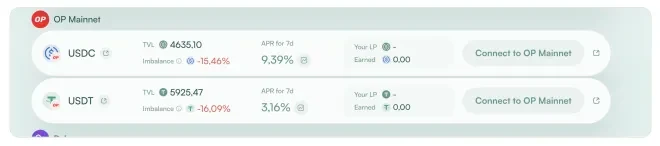 Captura de los pools de OP Mainnet con imbalance negativo (USDC −15,46 % y USDT −16,09 %). Un valor en rojo indica que el pool tiene menos stablecoin real de la que le corresponde frente a su vUSD.