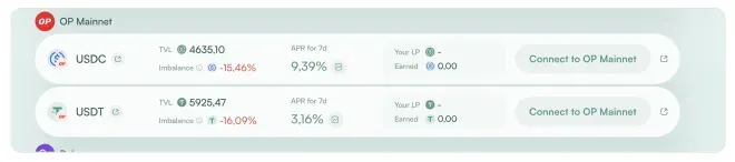 Captura de los pools de OP Mainnet con imbalance negativo (USDC −15,46 % y USDT −16,09 %). Un valor en rojo indica que el pool tiene menos stablecoin real de la que le corresponde frente a su vUSD.