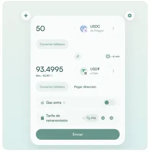 La cotización real en la interfaz: 50 USDC de Polygon a 93,4995 USDT a Celo (mínimo 93,49). Casi el doble de stablecoins por la operación.
