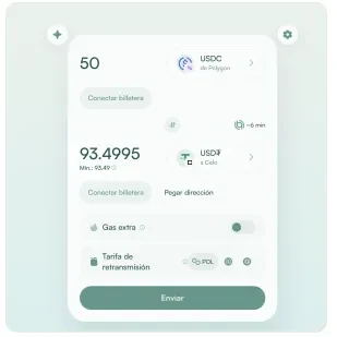 La cotización real en la interfaz: 50 USDC de Polygon a 93,4995 USDT a Celo (mínimo 93,49). Casi el doble de stablecoins por la operación.