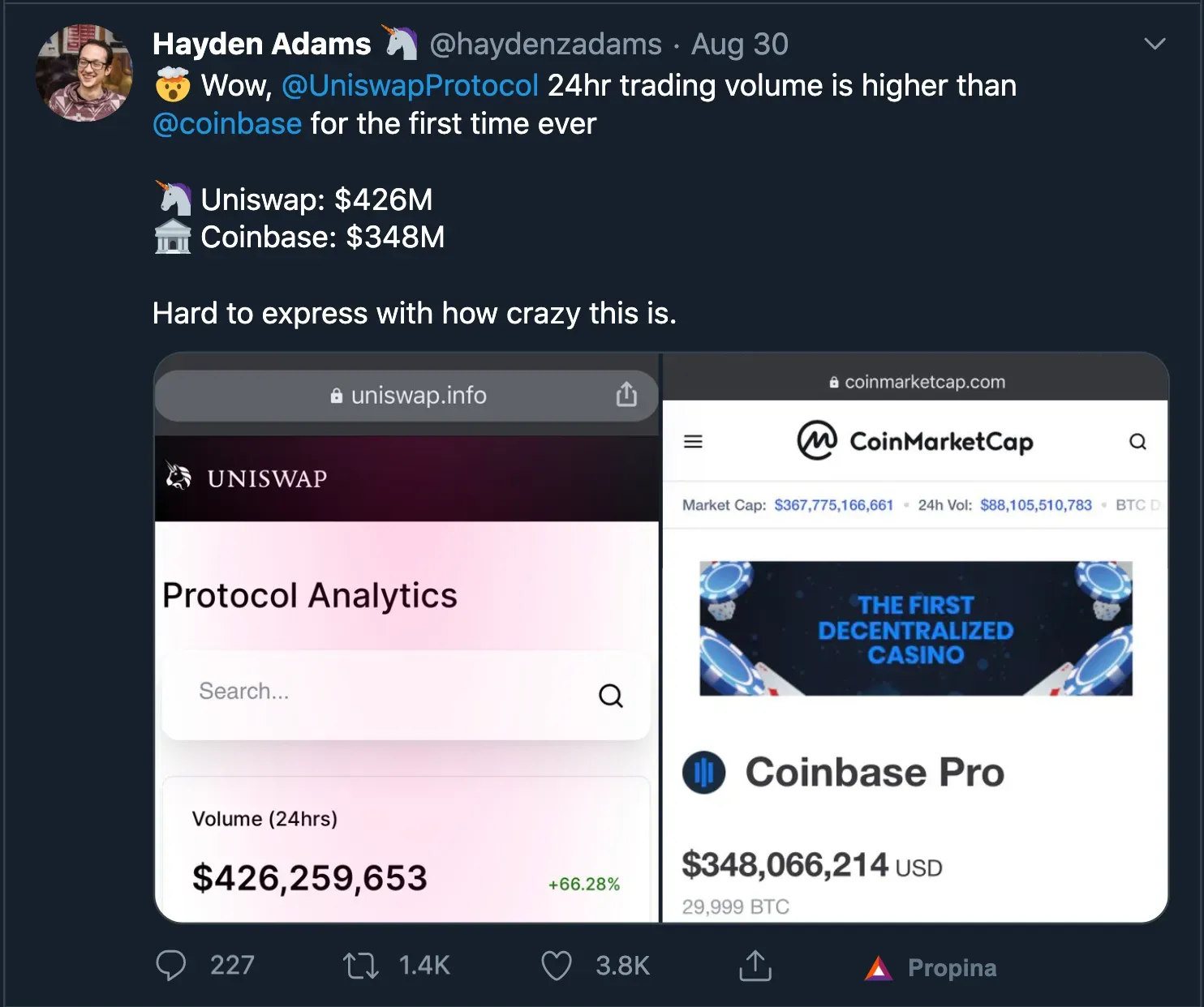 Hayden Adams sobre UniSwap superando a Coinbase Pro en volumen